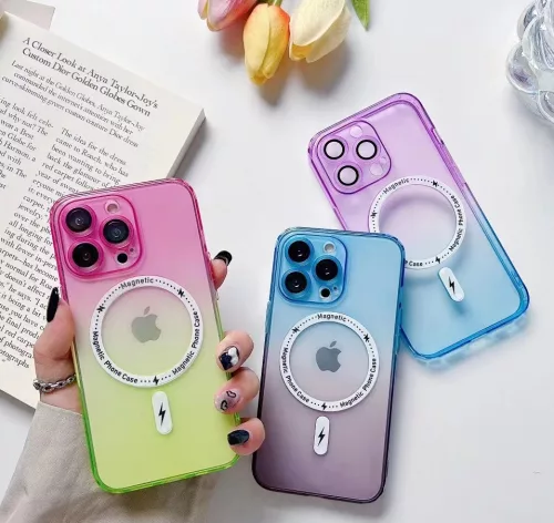 Husa Apple iPhone 14 Plus, Magsafe Gradient TPU, geam protectie camere, albastru/mov