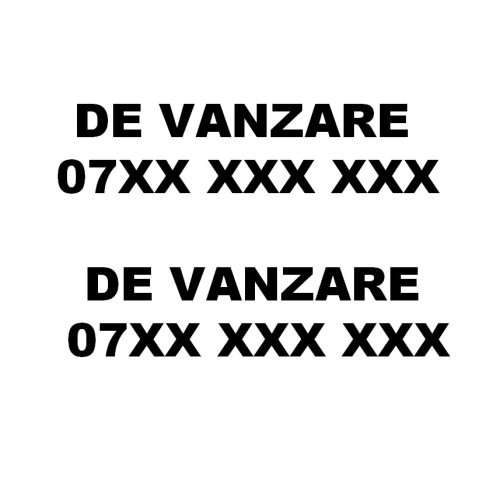 Set 2 autocolante Vinyl / PP autoadeziva mat "De vanzare Tel: 07XX XXX XXX", 25 cm lungime, alb sau negru, pentru auto