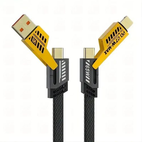 Cablu de date si incarcare 4 in 1, USB / Type C / Lightning, maxim 65W, impletit, plat, capete metalice