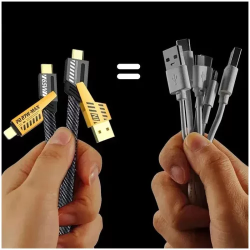 Cablu de date si incarcare 4 in 1, USB / Type C / Lightning, maxim 65W, impletit, plat, capete metalice