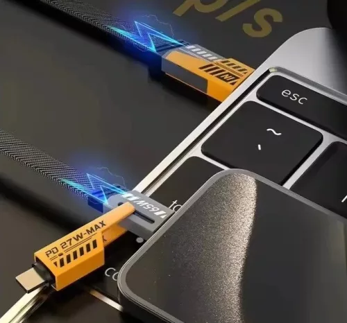 Cablu de date si incarcare 4 in 1, USB / Type C / Lightning, maxim 65W, impletit, plat, capete metalice