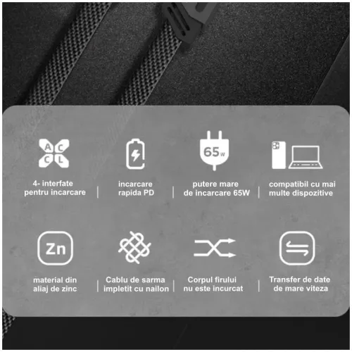Cablu de date si incarcare 4 in 1, USB / Type C / Lightning, maxim 65W, impletit, plat, capete metalice