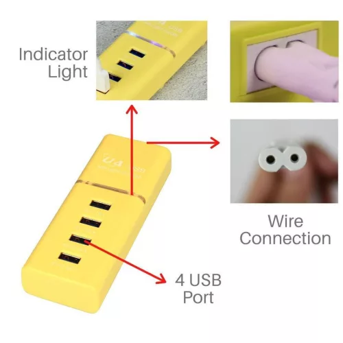 Incarcator casa U4, 4 porturi USB 5V - 2.4A, cablu prelungitor 1 metru, roz