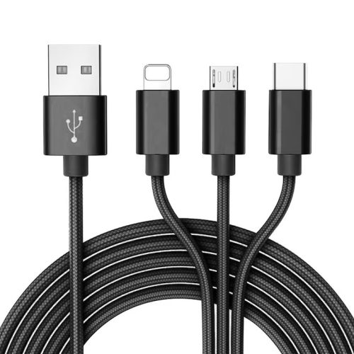 Cablu de incarcare cu 3 capete (Lightning, Type-C, MicroUSB), 1.2 metri, 2A, capete metalice, cablu impletit, negru