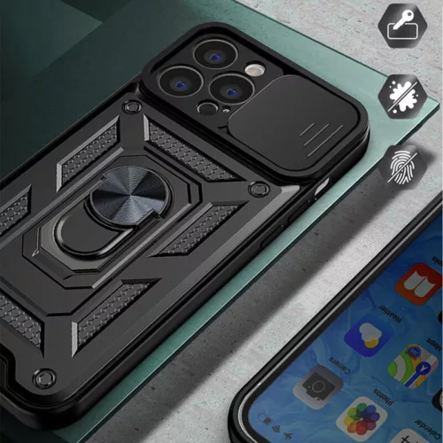 Husa Apple iPhone 15, Camshield Armor, inel sustinere, protectie camera, neagra