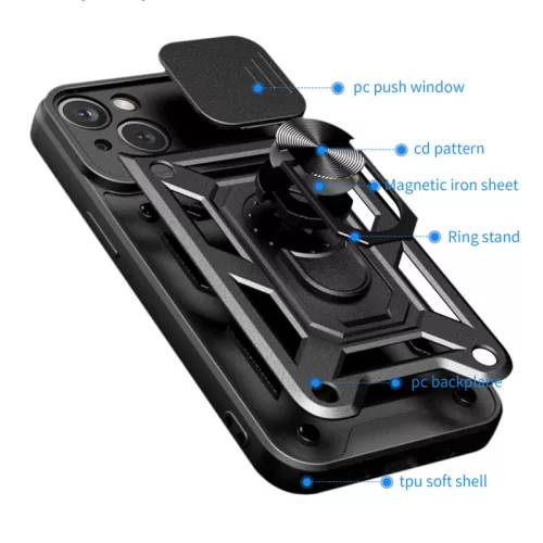Husa Apple iPhone 16 Plus, Camshield Armor, inel sustinere, protectie camera, neagra