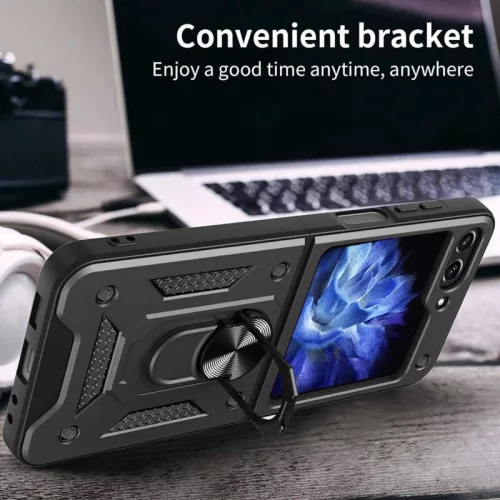 Husa Samsung Galaxy Z Flip6, Camshield Armor, inel sustinere, protectie camera, neagra