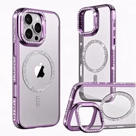  Husa Apple iPhone 14, Crystal Magsafe Electroplating TPU, functie stand, margini mov