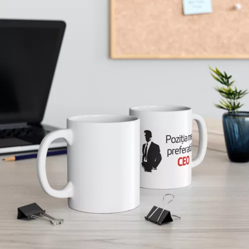 Cana ceramica personalizata, mesaj "Pozitia mea preferata? CEO", 330 ml, alba