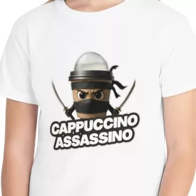   Tricou personalizat alb, copii/adulti, design Cappuccino Assassino 1, modal, diverse marimi