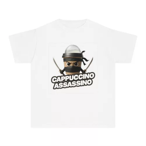 Tricou personalizat alb, copii/adulti, design Cappuccino Assassino 1, modal, diverse marimi