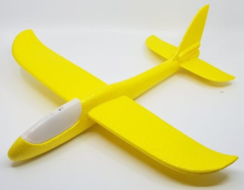Avion planor XXL din polistiren, cu iluminare LED, 48 cm, galben