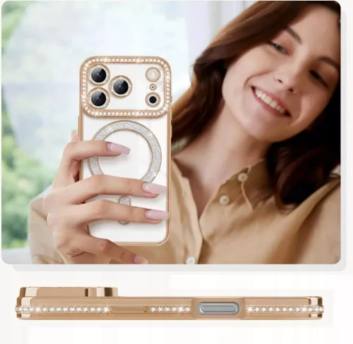 Husa Apple iPhone 17 Pro, Electroplating Bling Magsafe, protectie camera, margini aurii