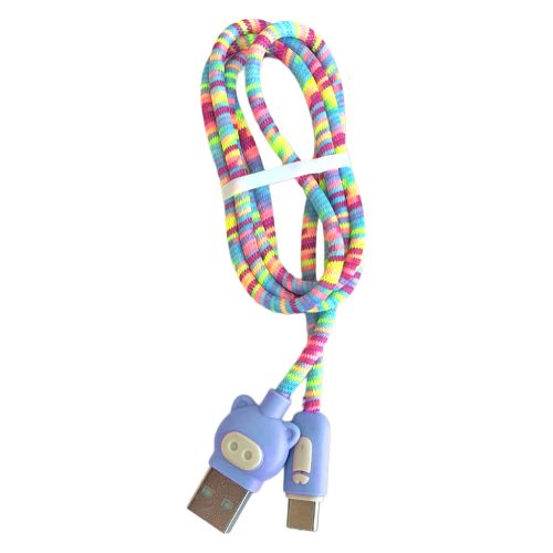 Cablu date si incarcare Type-C, 1 metru, 3A, invelis textil multicolor, capete albastre
