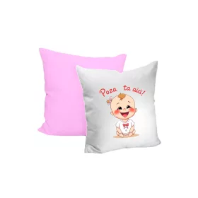   Perna decorativa personalizata, cu poza ta, 40 x 40 cm, alba, mata, spate roz, husa detasabila