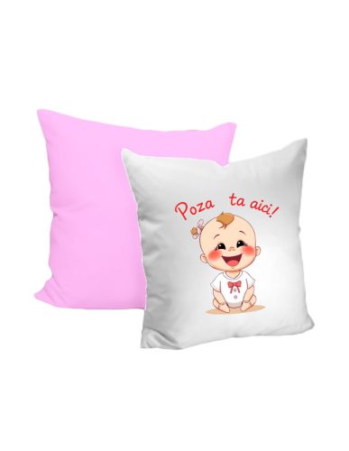 Perna decorativa personalizata, cu poza ta, 40 x 40 cm, alba, mata, spate roz, husa detasabila