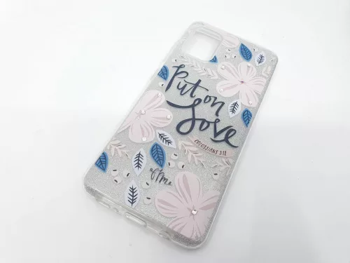 Husa Flowers Glitter pentru Samsung Galaxy S20 Ultra, cu mesaj, argintie