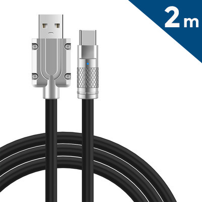 Cablu de date si incarcare USB to Type-C, 3A / 120W, 2 metri, capete metalice, cablu foarte gros, impletit, negru
