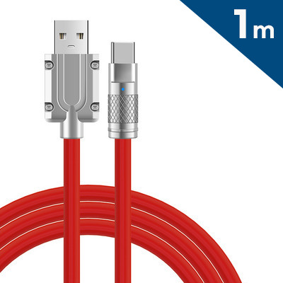 Cablu de date si incarcare USB to Type-C, 3A / 120W, 1 metru, capete metalice, cablu foarte gros, impletit, rosu