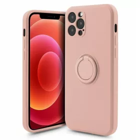   Husa Apple iPhone 13 Pro, Ring Silicone, suport sustinere rotativ, catifea in interior, roz pal
