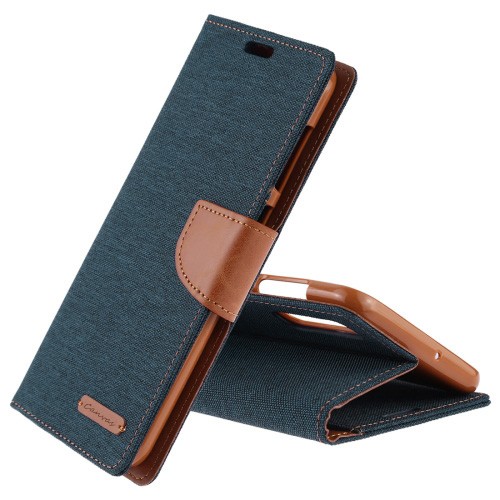 Husa tip carte Canvas pentru Samsung Galaxy A21s, inchidere magnetica, maro/albastru