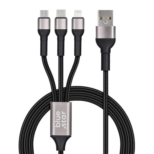 Cablu de date si incarcare Bluestar, 3 capete (Lightning, Type-C, MicroUSB), 1.2 metri, cablu impletit, 3A, negru