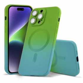   Husa Apple iPhone 12 Pro, Magsafe Ombre Silicone, geam protectie camere, verde/albastru
