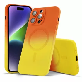   Husa Apple iPhone 14 Plus, Magsafe Ombre Silicone, geam protectie camere, portocaliu/galben