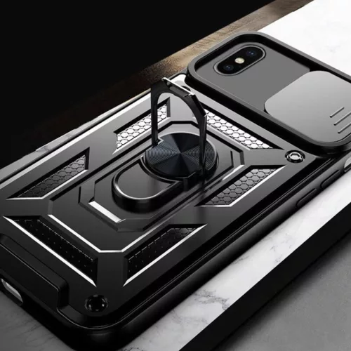 Husa Apple iPhone X/XS, Camshield Armor, inel sustinere, protectie camera, neagra
