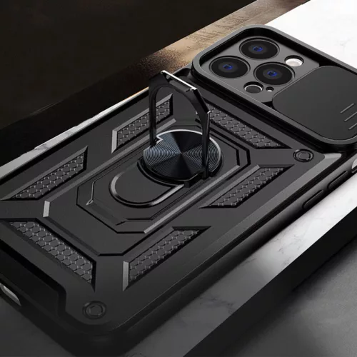 Husa Apple iPhone 15 Pro, Camshield Armor, inel sustinere, protectie camera, neagra