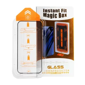   Folie sticla Apple iPhone 16 Plus, Full Glue, Instant Fit Magic Box,  kit instalare rapida, margini negre