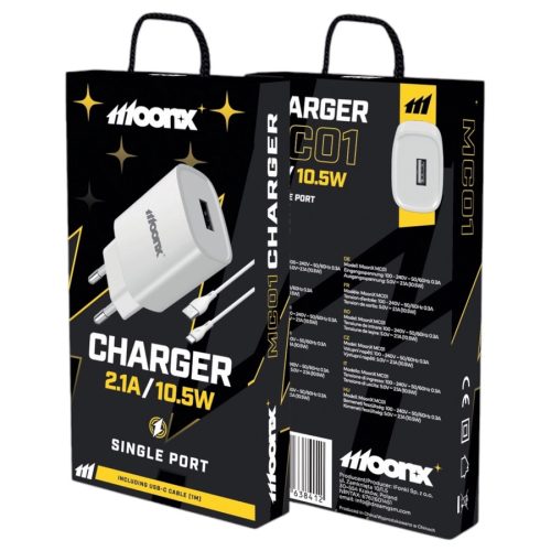 Set incarcator casa + cablu Type-C/Tip-C MOONX MC01, 2.1A/10.5W, albe