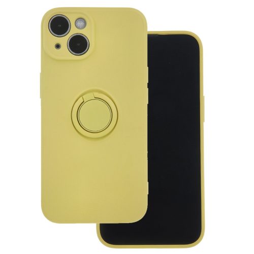 Husa Apple iPhone 15, Ring Silicone, suport sustinere rotativ, catifea in interior, galbena