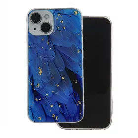 Husa Apple iPhone 15, Gold Glam Blue Feathers