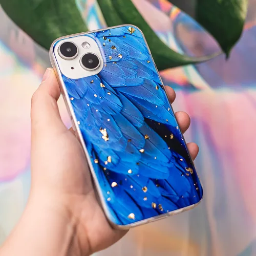 Husa Apple iPhone 15, Gold Glam Blue Feathers