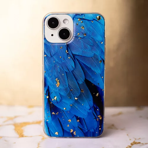 Husa Apple iPhone 15, Gold Glam Blue Feathers