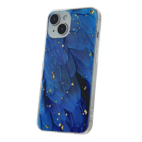 Husa Apple iPhone 15, Gold Glam Blue Feathers