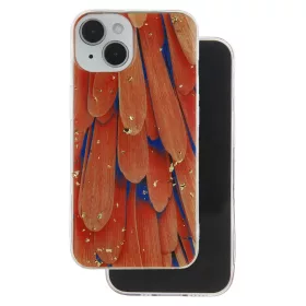 Husa Apple iPhone 15, Gold Glam, Orange Feathers