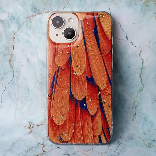Husa Apple iPhone 15, Gold Glam, Orange Feathers