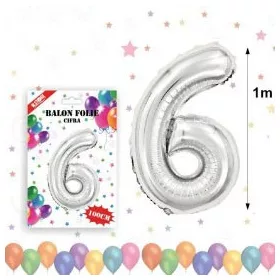 Balon din folie metalizata, 100 cm, argintiu, cifra 6