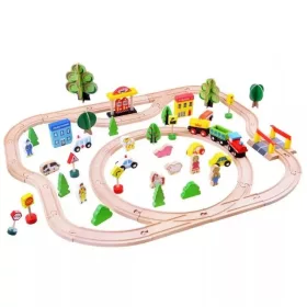   Traseu din lemn Kids Toyland, cu masinute si accesorii, 80 piese