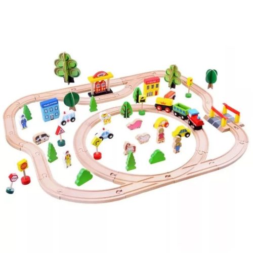 Traseu din lemn Kids Toyland, cu masinute si accesorii, 80 piese