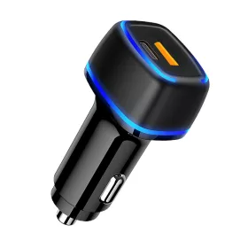   Incarcator auto cu 1 port PD/Type C si 1 port USB, maxim 3A, lumina LED albastra, negru