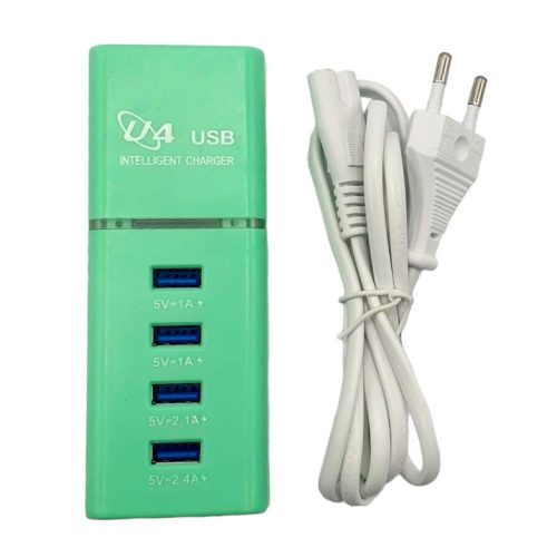 Incarcator casa U4, 4 porturi USB 5V - 2.4A, cablu prelungitor 1 metru, verde