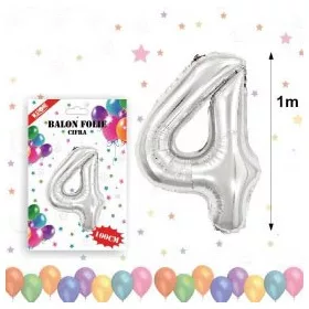 Balon din folie metalizata, 100 cm, argintiu, cifra 4