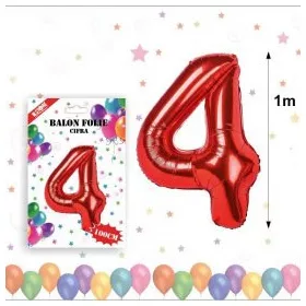 Balon din folie metalizata, 100 cm, rosu, cifra 4
