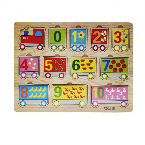 Jucarie din lemn tip puzzle, trenulet cu vagoane si cifre, fructe, flori, pasari