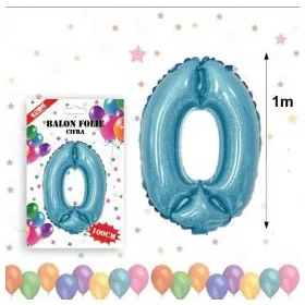 Balon din folie metalizata, 100 cm, albastru, cifra 0