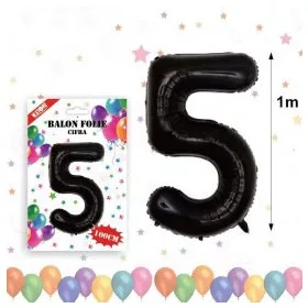 Balon din folie metalizata, 100 cm, negru, cifra 5