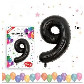 Balon din folie metalizata, 100 cm, negru, cifra 9